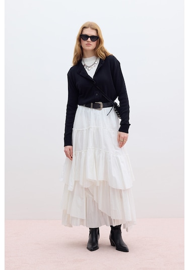 Katlı Boho Vual Etek Ekru Ekru