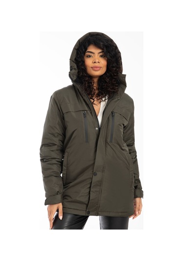 Kadın Haki Içi Polarlı Su Ve Rüzgar Geçirmez Kapüşonlu Kışlık Mont Haki