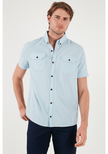 Buratti Düğmeli Yaka Pamuklu Slim Fit Cepli Erkek Gömlek Cf21S111153 Açık Mavi