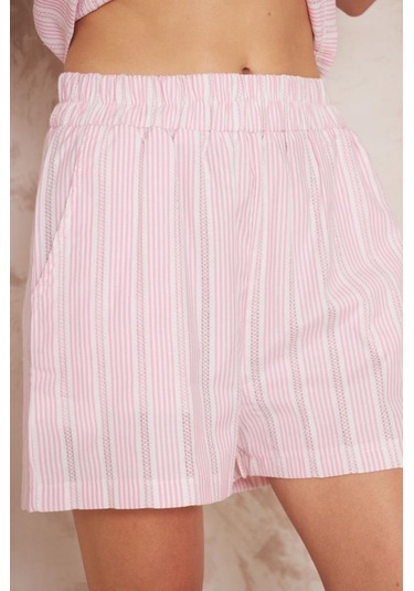Kadın Özel Kumaş Ceket Yaka Beli Lastikli Kısa Kol Gömlek Cepli Şort Takım 3625290 Pembe