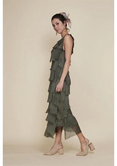 Italyan 2 Beden İnce Gösteren Kat Kat Kolsuz Ipek Elbise Koyu Haki