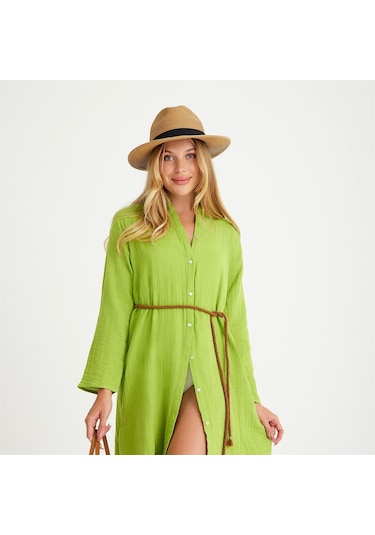 %100 Pamuklu Dokuma Müslin Hakim Yaka Kemer Detaylı Plaj Gömlek Elbise - Medium Yeşil