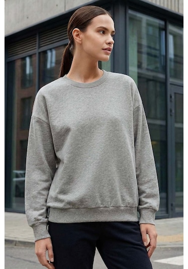 Basic Oversıze O Yaka 2li Paket Siyah-gri Melanj Kadın Sweatshirt - 97053 Siyah - Gri