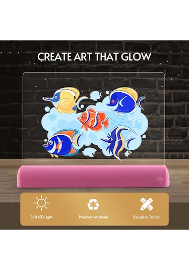 Samdoo Gri Led Işıklı 3d Çizim Tahtası - 11 Renk Efekti, 6 Fosforlu Kalem, 5 Şablon, Silgi - Eğitici Oyuncağı Gri