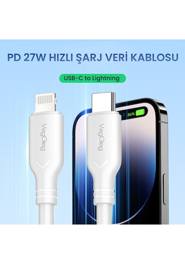 Veggieg 27w Type-c To Lightning İphone İpad Uyumlu Pd Hızlı Şarj Ve Data Kablosu 1.2 Metre
