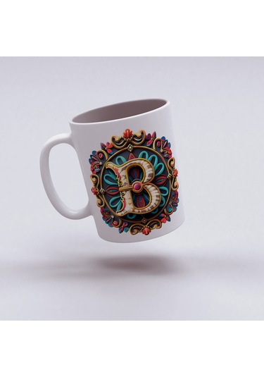 B Harfi Boho Bardak, Renkli Özel Tasarım Hediyelik Harfli Kupa, 330ml Porselen Beyaz