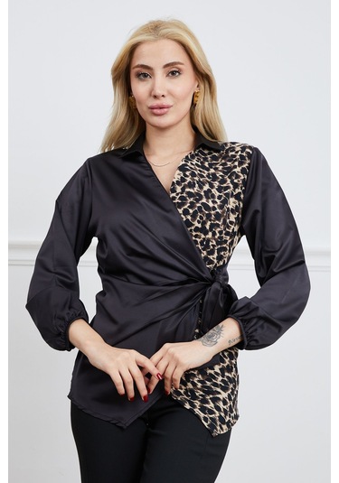 Dparis Leopar Garnili Anvelop Saten Gömlek