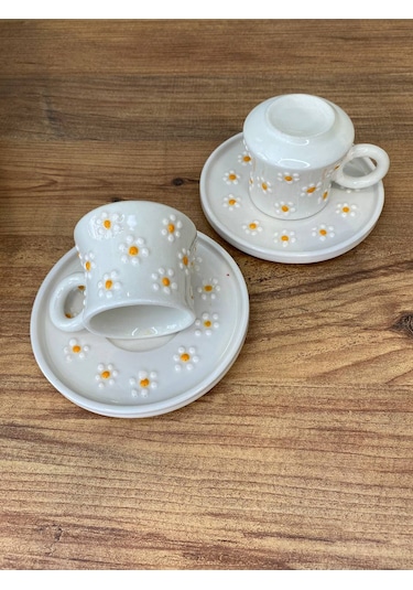 Papatya Desenli El Yapımı Seramik Kupa, Mug, Türk Kahvesi