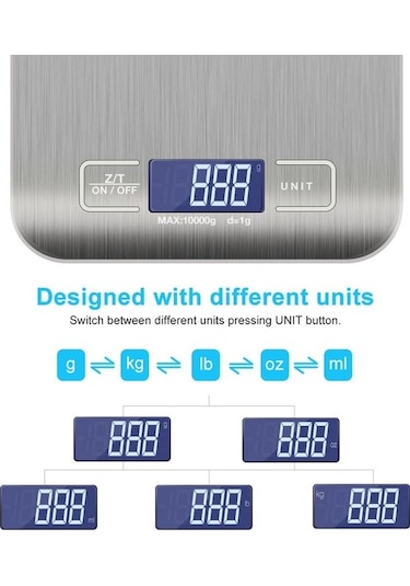 Novahub 5/10kg Elektronik Mutfak Terazisi, Lcd Ekranlı, Paslanmaz Çelik, Dijital Gıda Tartısı, Diyet Ve Diyet Denge Terazileri Gümüş