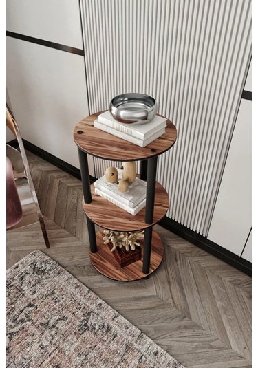 3 Katlı Dekoratif Yuvarlak Kitaplık Ceviz Ceviz