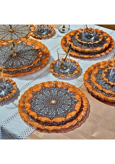 Glore Carpi Şeffaf Altın Yaldızlı 6 Kişilik 32 Parça Pasta Çay İkram Takımı Renkli