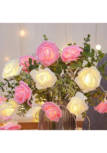 Gajeena Yapay Gül Led Dekoratif Işık Zinciri - 3m 20 Işık, Pembe+beyaz Renk, Nikah/parti/valentine Süs, 5cm Boyut, Plastiği Malzeme Pembe Beyaz