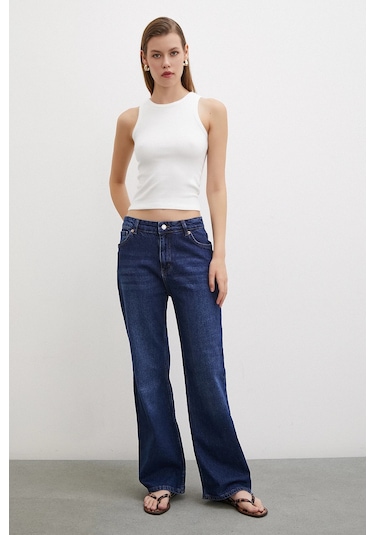 Yüksel Bel Wide Leg Jean Lacivert Lacivert
