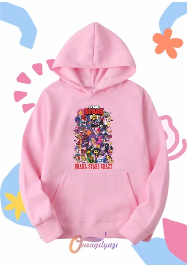 Çocuk Unisex Brawl Stars Baskılı Oversize Kapüşönlü Sweatshirt Pembe