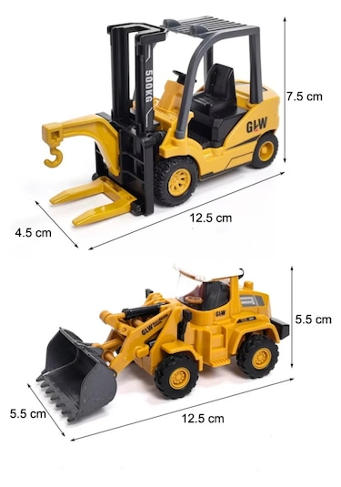 Diecast Oyuncak Metal İnşaat Araçları,iş Makineleri Seti Kepçe Bulldozer Forklift 4'lü Set Kutulu Sarı