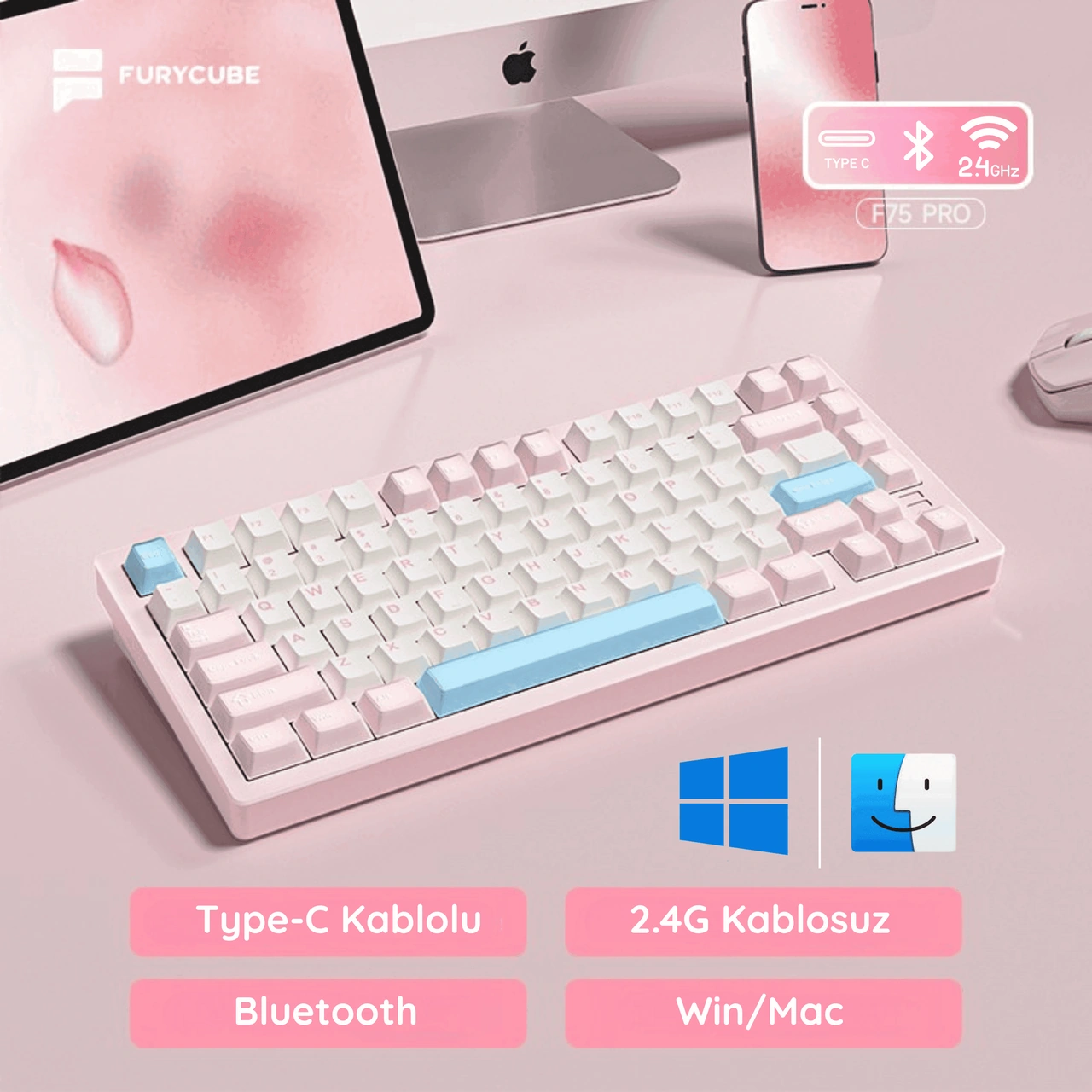 Furycube F75 Pro Alüminyum Mekanik Klavye - Rgb, Hotswap, Kablosuz, Mac/windows Uyumlu, Pembe
