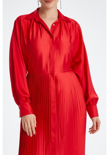 Kadın Piliseli Etekli Elbise - Modern Ve Şık - Günlük Ve Özel Davetler İçin Elbise Kırmızı