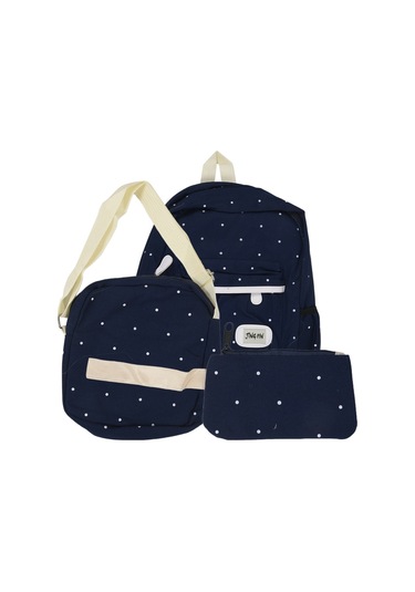 Kore Rahat Kadın Kanvas Tiki Tarzı Okul Genç Kızlar için Kompozit Sırt Çantası 3'lü Set Koyu Mavi Çok Renkli