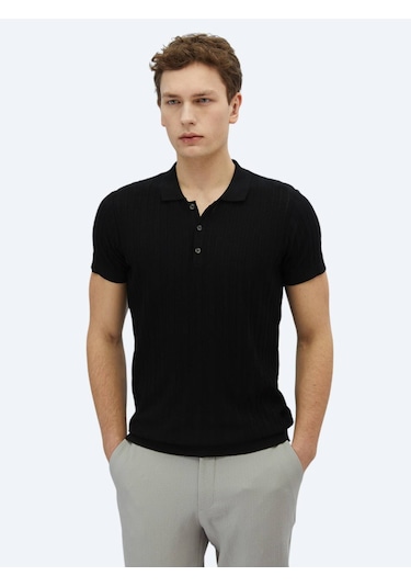 Kip Siyah Polo Yaka Desenli Triko Siyah