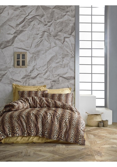 Çarşafı Lastikli Çift Kişilik Nevresim Takımı 4 Yastıklı Kahve