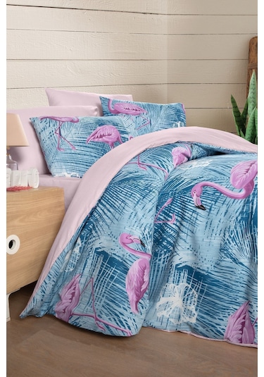 Mystory Home Lastikli Çarşaflı Çift Kişilik Nevresim Takımı Flamingo Mor - Pembe