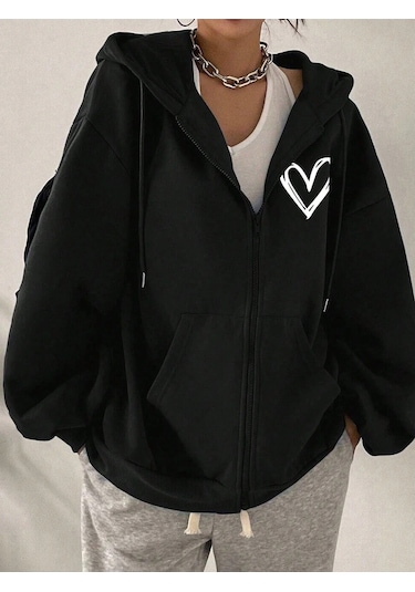 Relax&Basic Ünisex Basic Slim Fit Kapüşonlu Fermuarlı Cepli Sweatshirt Nar Çiçeği Siyah Siyah