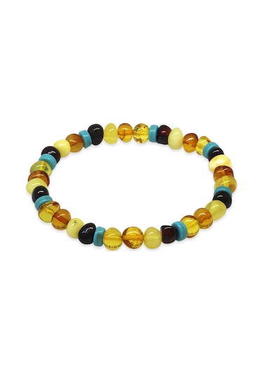 Multicolor Renk Firuze Doğaltaş Süslemeli Natural Form Doğal Damla Kehribar Erkek Bileklik Beyaz - Çok Renkli