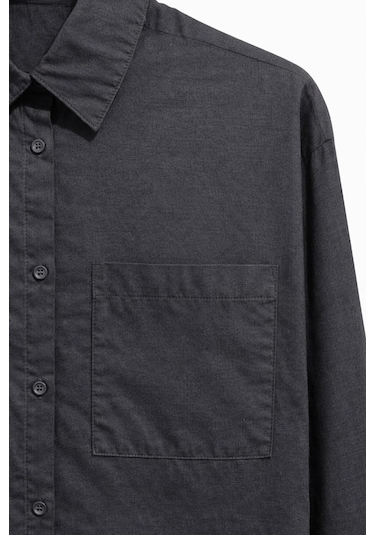 Mixray 4670 Kadın Cepli Oversize Basic Keten Gömlek Siyah