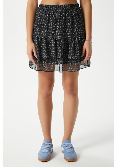 Kadın Juliet Siyah Çiçekli Astarlı Volanlı Mini Şifon Dokuma Etek