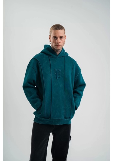 Unisex Uzun Kol Kapşonlu Yıkamalı Nakışlı Sweatshirt - Koyu Deniz Yeşili Koyu Deniz Yeşili