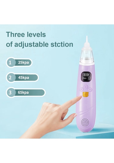 Vkemall Bebek Elektrikli Burun Emici, Düşük Frekanslı Sessiz, 3 Seviye Emme Gücü, Sakinleştirici Müzik, Dahili Li-pol Batarya, 3 Silikon Uç Menekşe