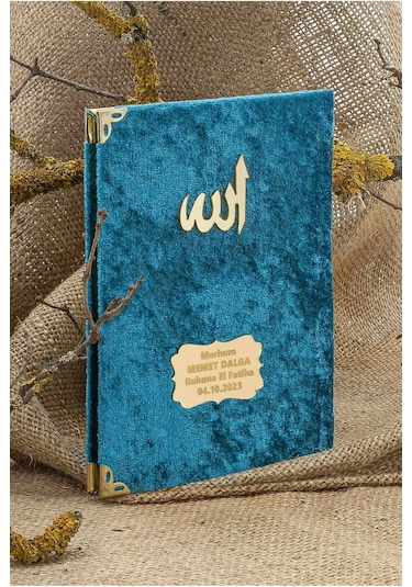 25 Adet - İsme Özel Kadife Kaplı Yasin Kitabı - Mevlüt Hediyesi - Çanta Boy- 128 Sayfa - Petrol Petrol