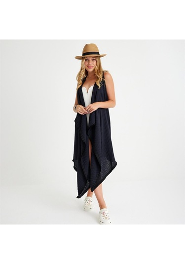 Pamuklu Dokuma Kemerli Püsküllü Plaj Elbisesi - Standart Siyah