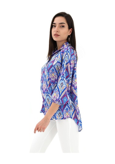 Reglan Kol Baskılı Saten Gömlek - Mavi-mavi Mavi