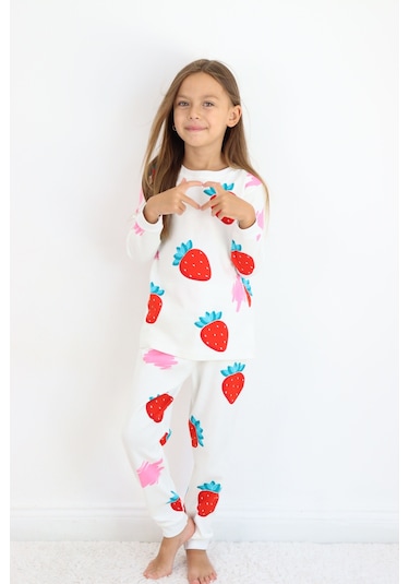 Kız Çocuk Orta Kalınlıkta Basic Baskılı Pijama Takımı Beyaz