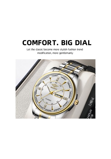 Yashıdun 5063 Çelik Kayış Şık Çift Kuvars Saat Aydınlık Takvim Bilek Saati - Siyah Kadran / Gümüş+altın Kayış / Kadın