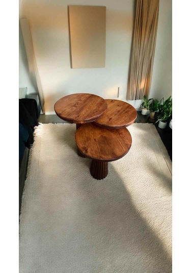 Doğal Ahşap Mantar Sehpa 3 Lü Set Fındık Renk Masif Zigon