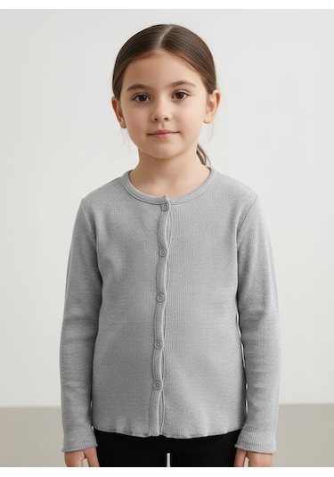 Kız Çocuk Fitilli %100 Pamuklu Düğmeli Hırka Gri