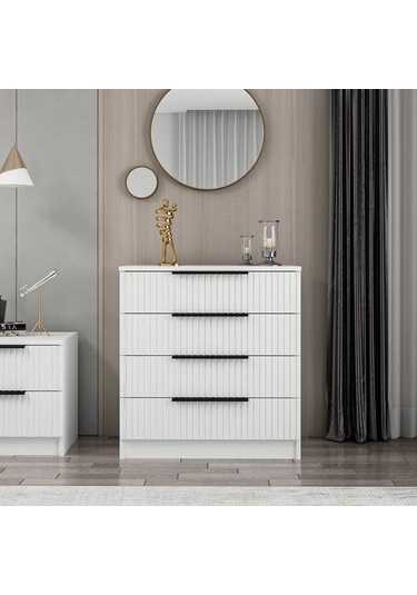 Kale Şifonyer 4 Çekmeceli Çizgili Mebran Beyaz