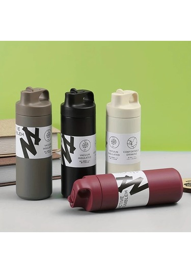 Besthome1 1 Adet Active Tumbler 550ml 19 35oz Paslanmaz Çelik Vakumlu Termos Seyahat Bardağı Pipetli Ve Saplı Siyah