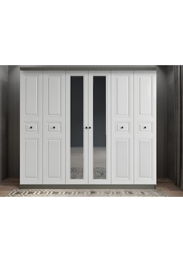 Merina Membran 6 Kapaklı Gardırop Montaj Dahil Füme Beyaz 210 Cm