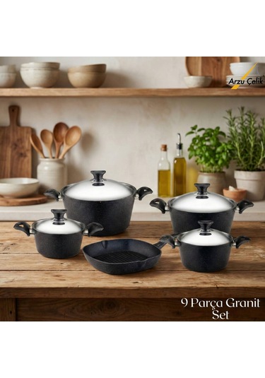 9 Parça Granit Set Çelik Kapak - Siyah Siyah