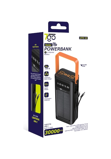7go Gpw-03 30.000mah Solar Powerbank 4xusb-a, Qualcomm 3.0 Hızlı Şarj, Dahili Lightning & Usb-c Ka Siyah