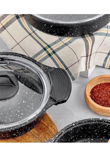 Eda Zk-900 Döküm Granit 3'lü Sahan Seti Siyah 6 Adet Silikon Tutamaç Hediyeli