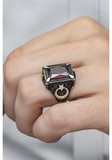 Yüzük Sanatı Dikdörtgen Ayyıldız Motifli Kırmızı Taşlı 925 Gümüş Erkek Yüzük