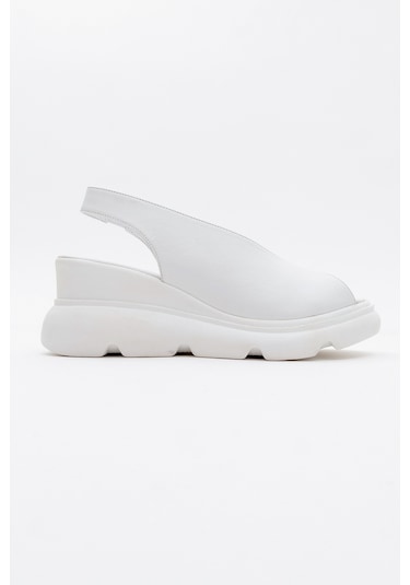 Sam Beyaz Cilt Hakiki Deri Kadın Dolgu Topuk Sandalet Beyaz