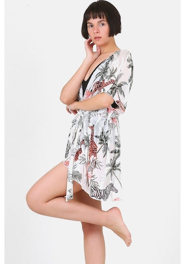 Pareo Plaj Elbisesi Kimono Std Yazlık Oversize Tül Gömlek Kemerli Elbise Tropikal Beyaz