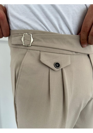 Erkek Bel Toka Detaylı Pileli Old Money Pantolon Bej