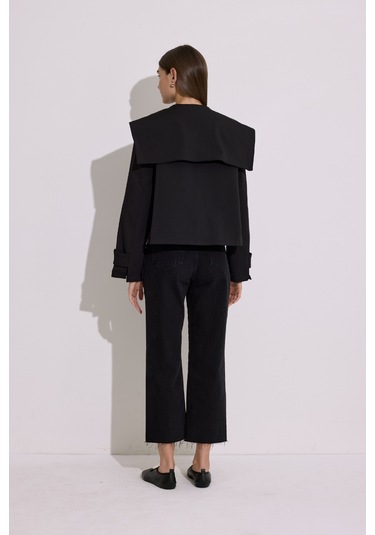 Geniş Yaka Crop Trençkot Siyah Siyah
