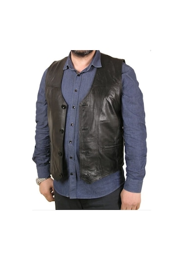 Hakiki Deri Siyah Calvin Düğmeli Erkek Deri Yelek Kahverengi